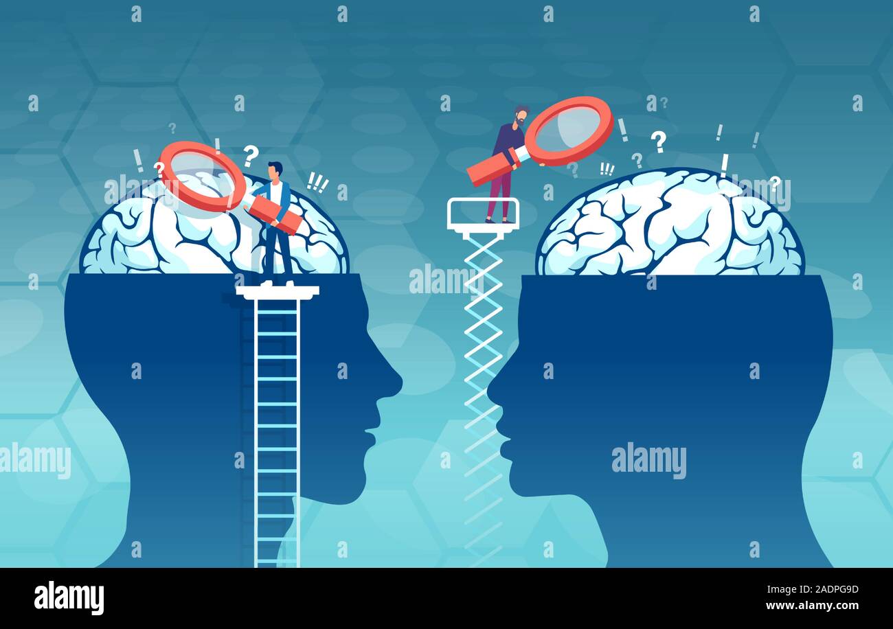 Der Vektor der Wissenschaftler mit der Lupe erforschen Männliche und weibliche Gehirn auf der Suche nach Psychologie Unterschiede Stock Vektor