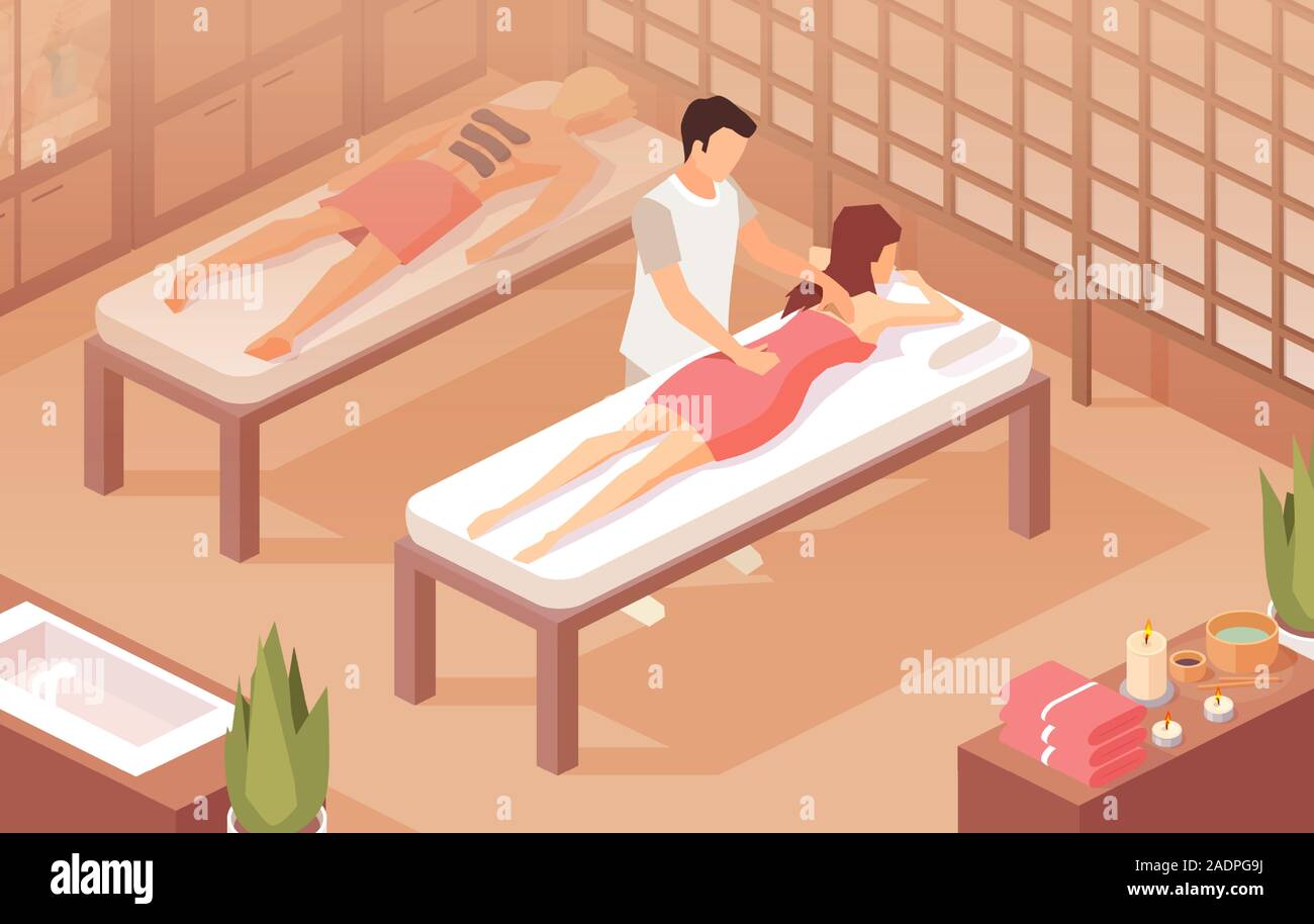 Vektor einer Frau und Mann lag auf einem Tisch während der Therapeut tun heilende Massage auf ihrem wunden zurück Stock Vektor