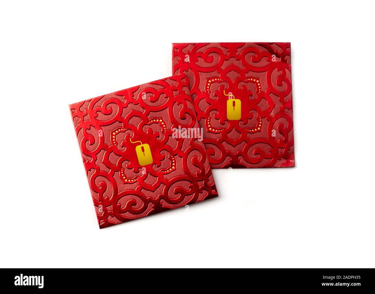 Chinesisches neues Jahr, Lucky red Taschen, mit einem Symbol für eine Maus. Lustiges Thema, ein Spiel mit Worten. Stockfoto