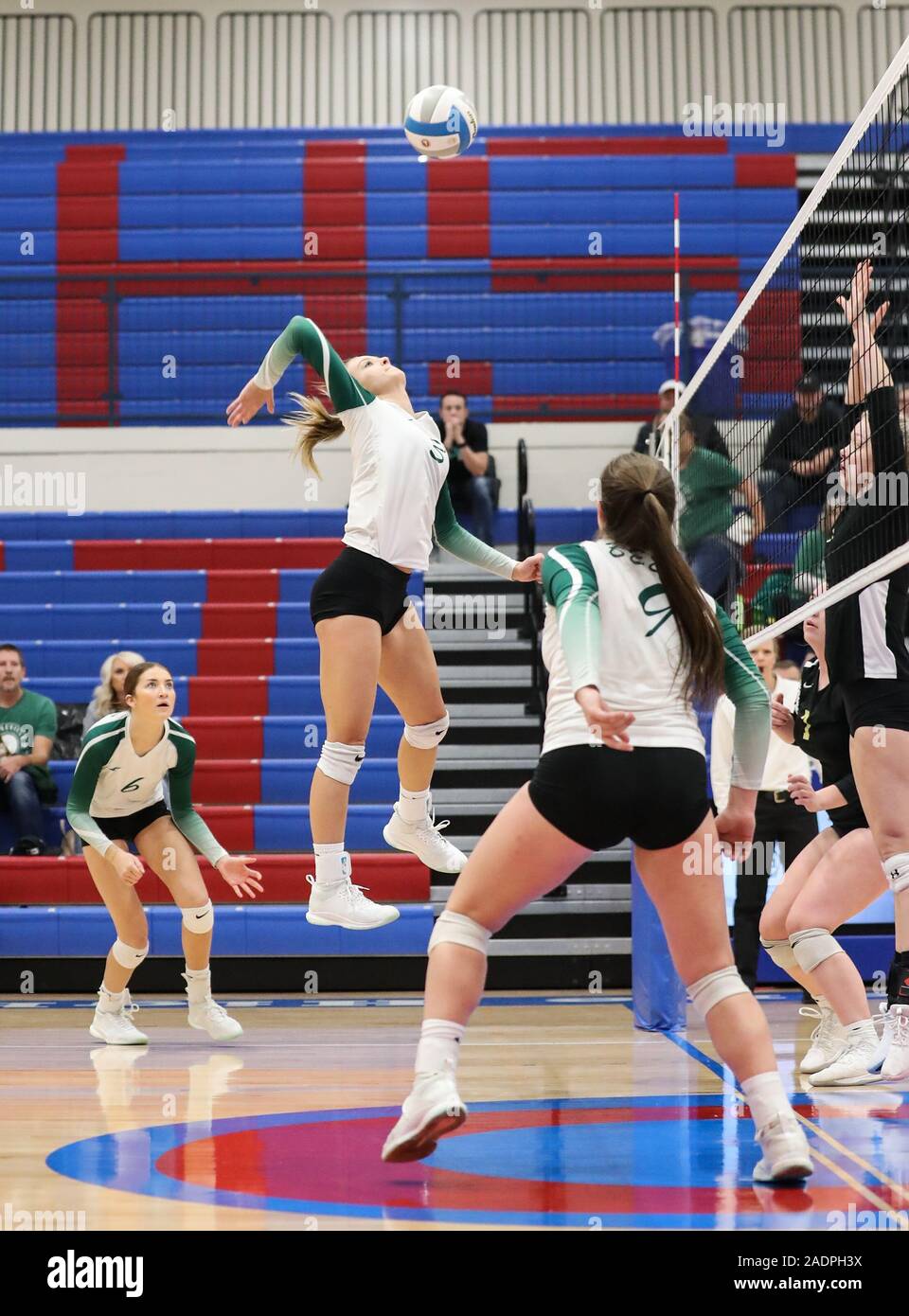 Volleyball-Action mit Kuna gegen Bonneville High School in Coeur d'Alene, Idaho. Stockfoto