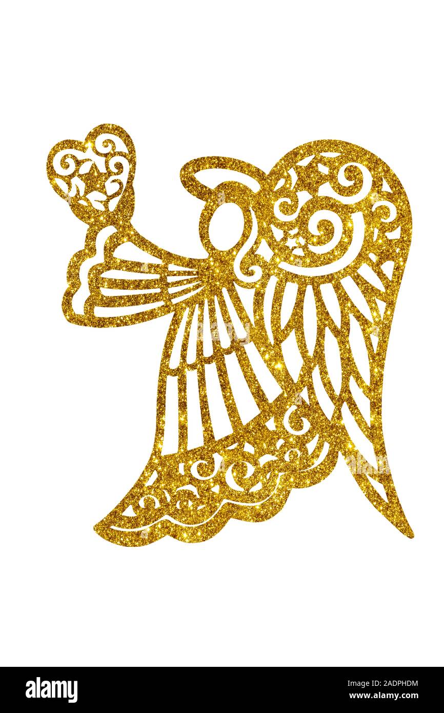 Engel Silhouette mit goldenen Glitter isoliert auf weißem Stockfoto