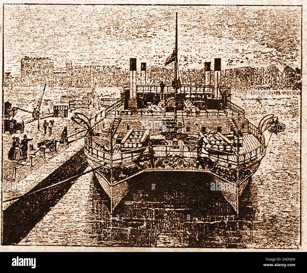Seltsam frühen Erfindungen - Doppel geschält Katamaran Stil Frachtschiff. Ein Prototyp wurde von der Thames Ironworks & Shipbuilding Co 1874 gebaut, aber dann ist es für die Geschichte verloren. Stockfoto