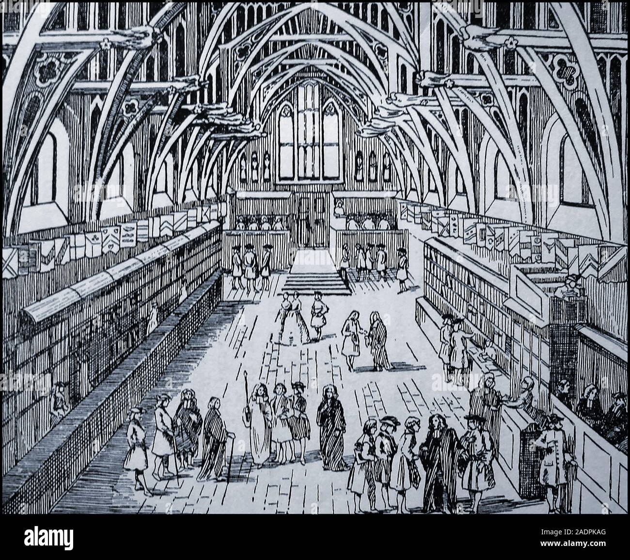 Westminster Hall (mit seinem Buch shops) London im Jahr 1700 wie im Jahr 1933 dargestellt. Die Halle wurde 1097 im Auftrag von William II (William Rufus), der Sohn von Wilhelm dem Eroberer erbaut und war 1099 abgeschlossen. Stockfoto