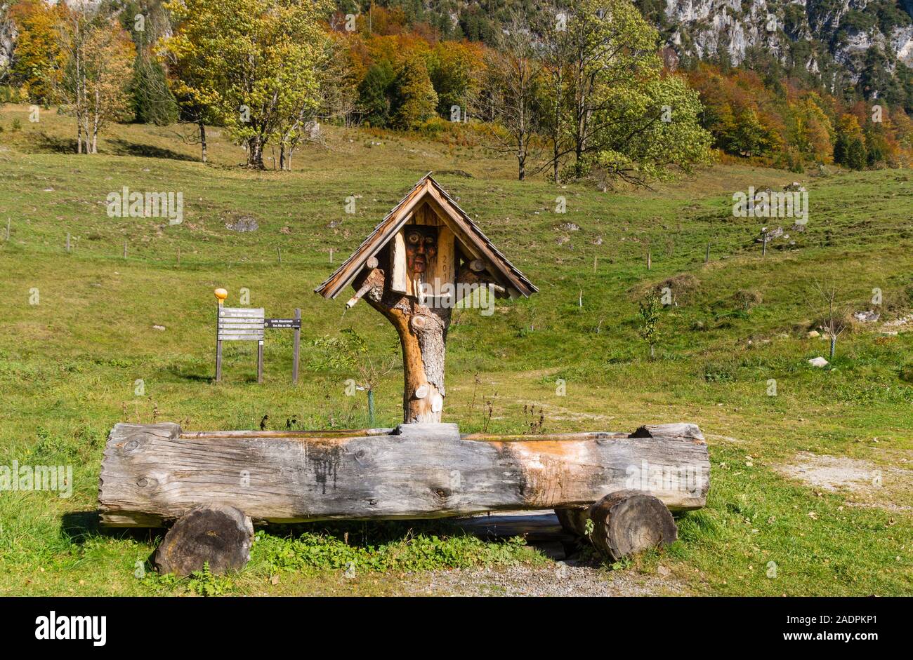 Trinkwasser Quelle und Tiertränke im Holztrog, Puglalm, Österreich Stockfoto