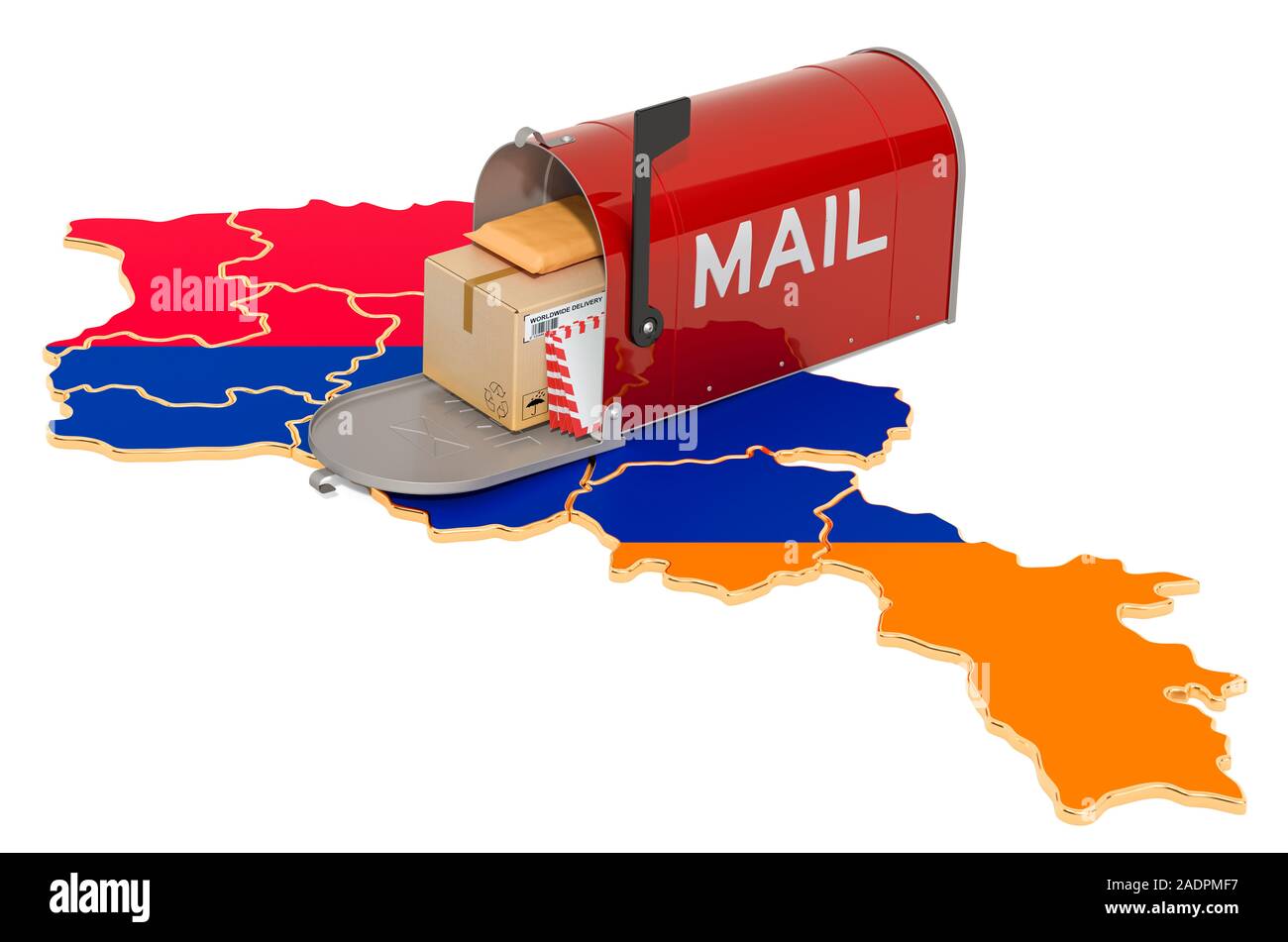 Mailbox auf dem Armenischen Karte. Versand in Armenien, Konzept. 3D-Rendering auf weißem Hintergrund Stockfoto
