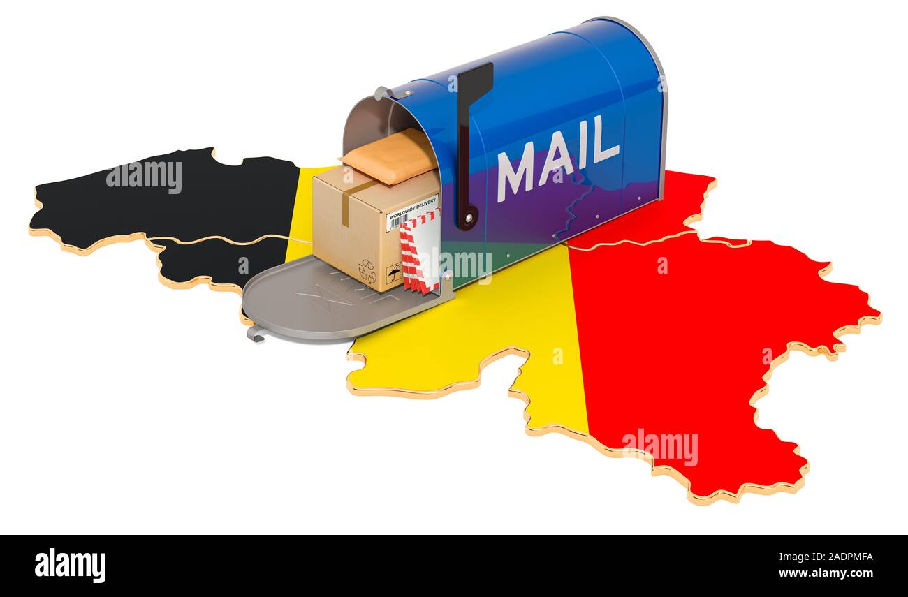 Mailbox auf dem belgischen Karte. Liefer- in Belgien, Konzept. 3D-Rendering auf weißem Hintergrund Stockfoto