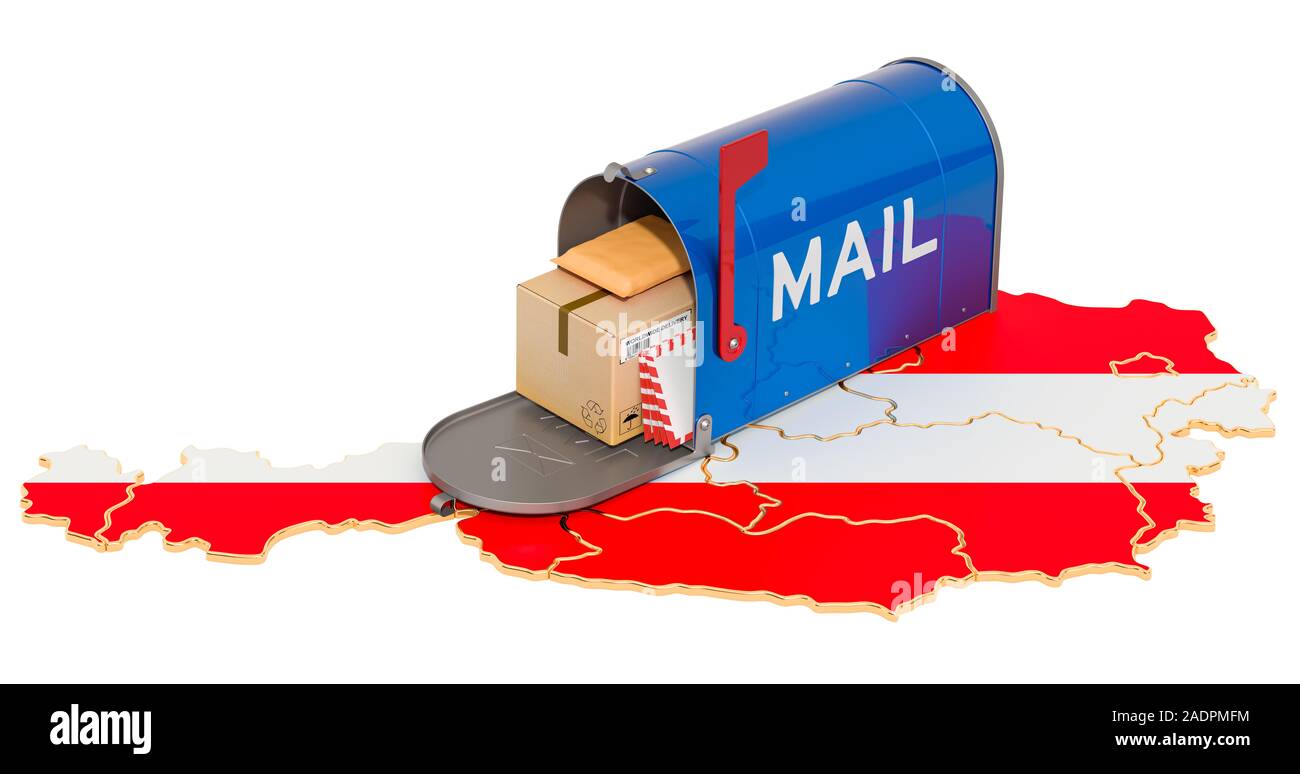 Mailbox auf dem Österreichischen Karte. Versand in Österreich, Konzept. 3D-Rendering auf weißem Hintergrund Stockfoto