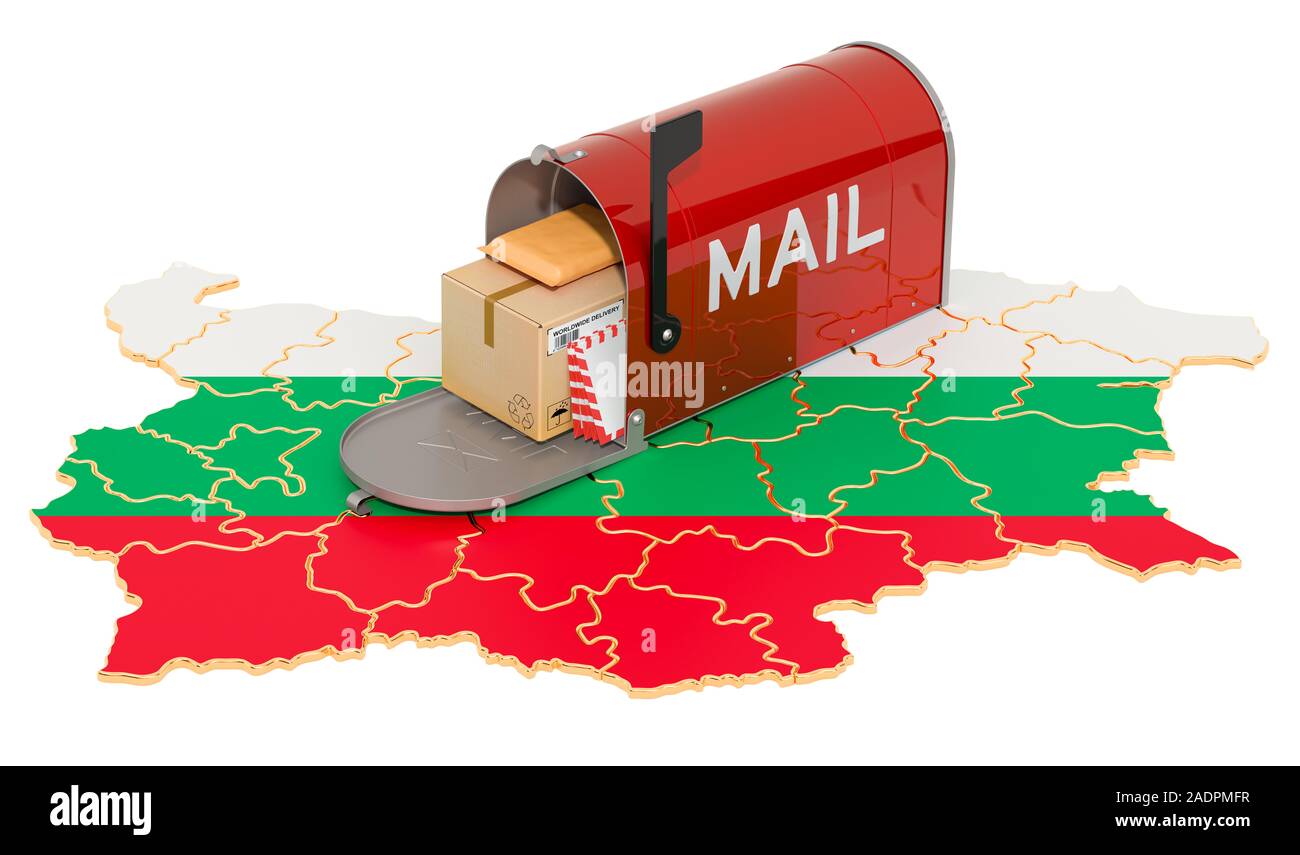 Mailbox auf die Bulgarische Karte. Versand in Bulgarien, Konzept. 3D-Rendering auf weißem Hintergrund Stockfoto