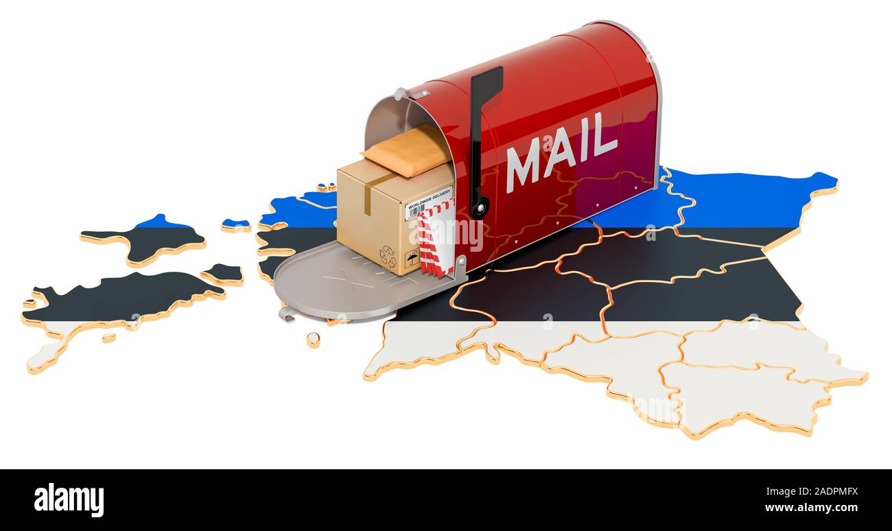 Mailbox auf die Estnische Karte. Versand in Estland, Konzept. 3D-Rendering auf weißem Hintergrund Stockfoto