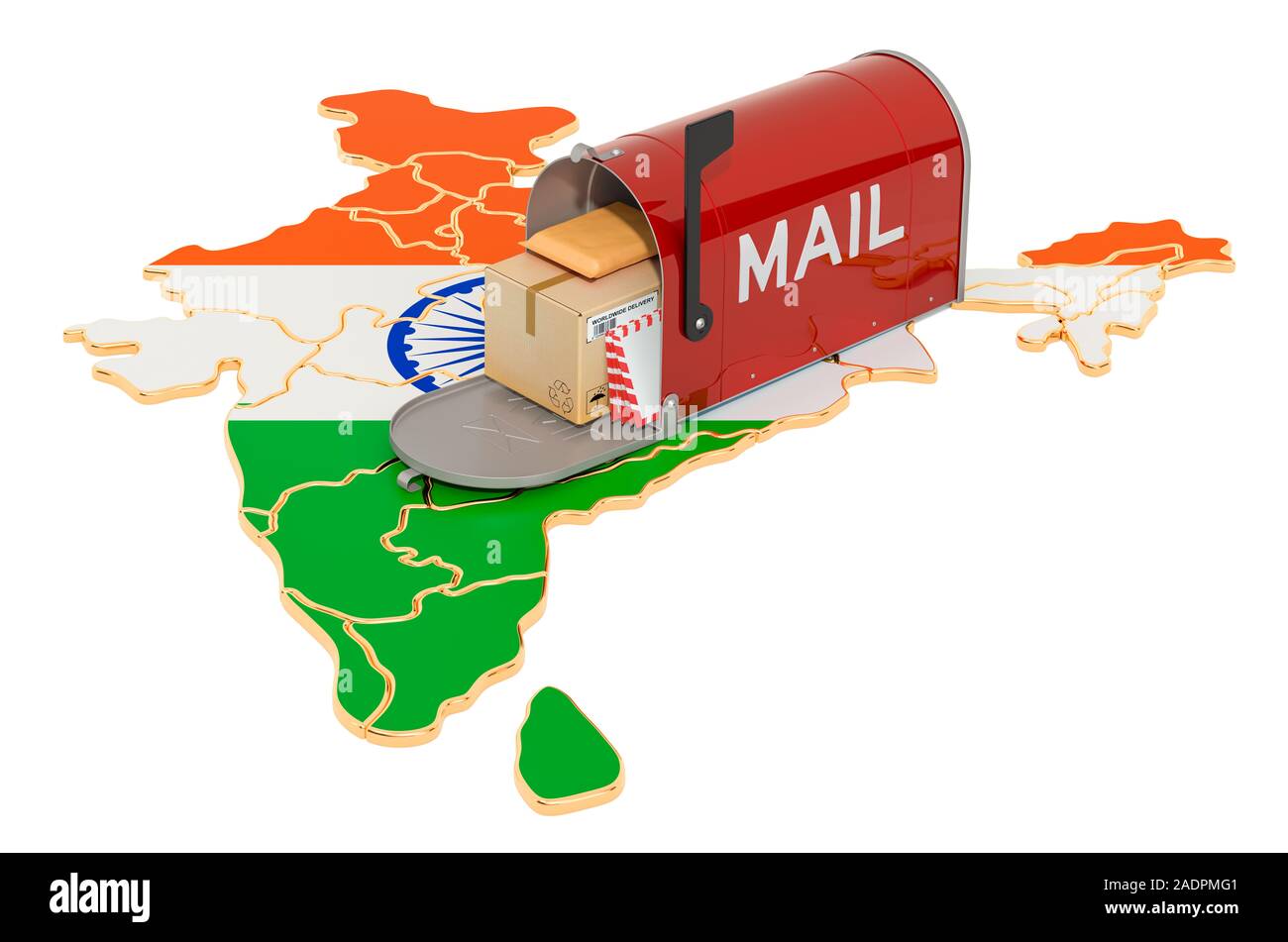 Mailbox auf dem indischen Karte. Versand in Indien, Konzept. 3D-Rendering auf weißem Hintergrund Stockfoto