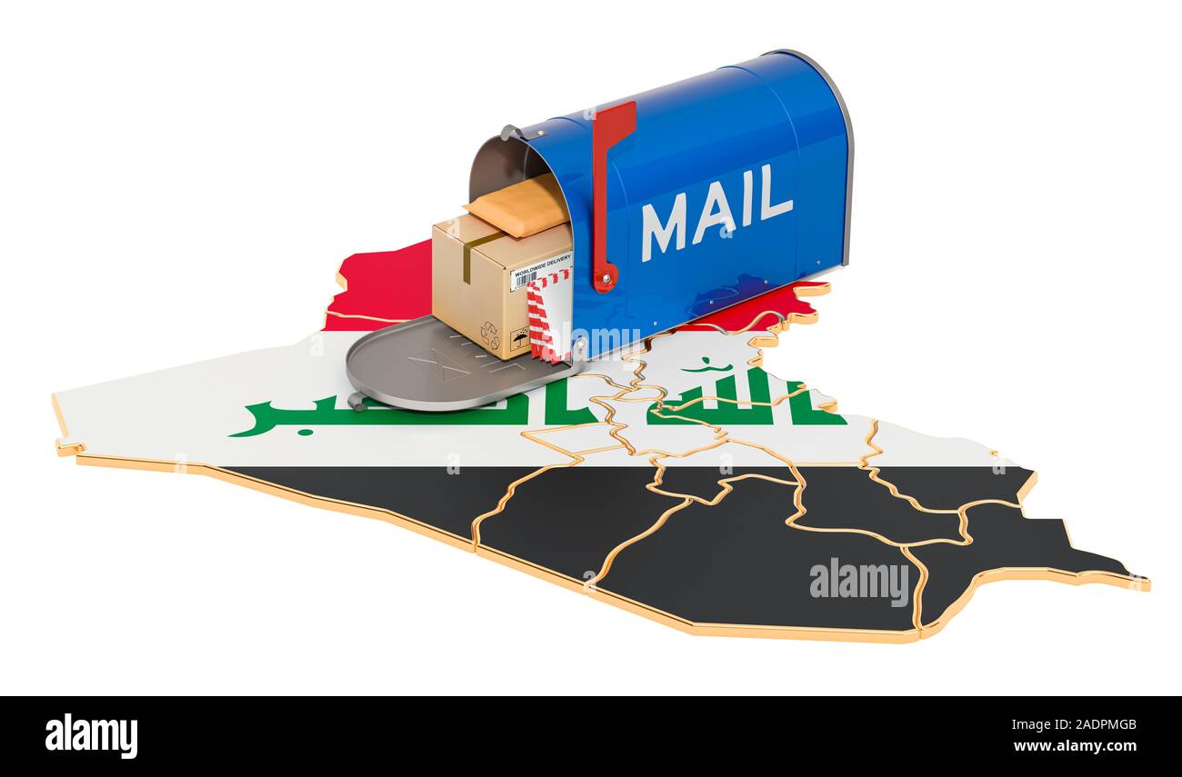 Mailbox auf die irakische Karte. Versand im Irak, Konzept. 3D-Rendering auf weißem Hintergrund Stockfoto