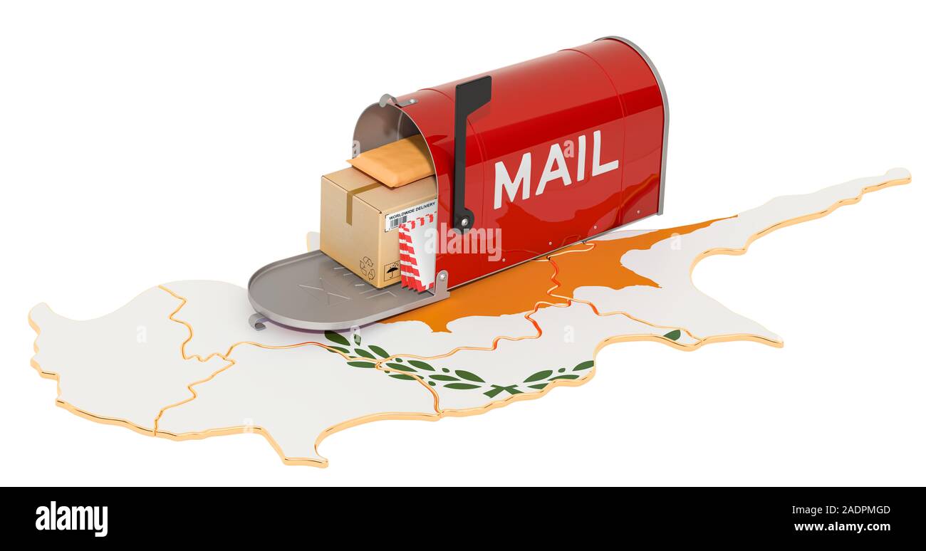 Mailbox auf der Zypern Karte. Versand in Zypern Konzept. 3D-Rendering auf weißem Hintergrund Stockfoto