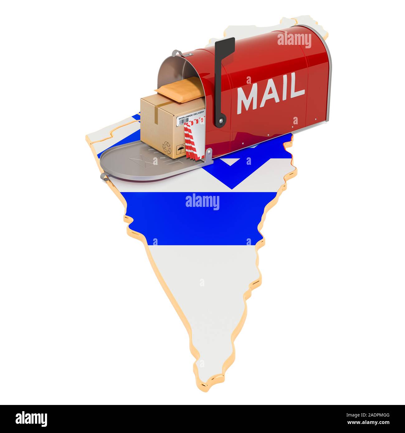 Mailbox auf dem israelischen Karte. Versand in Israel, Konzept. 3D-Rendering auf weißem Hintergrund Stockfoto