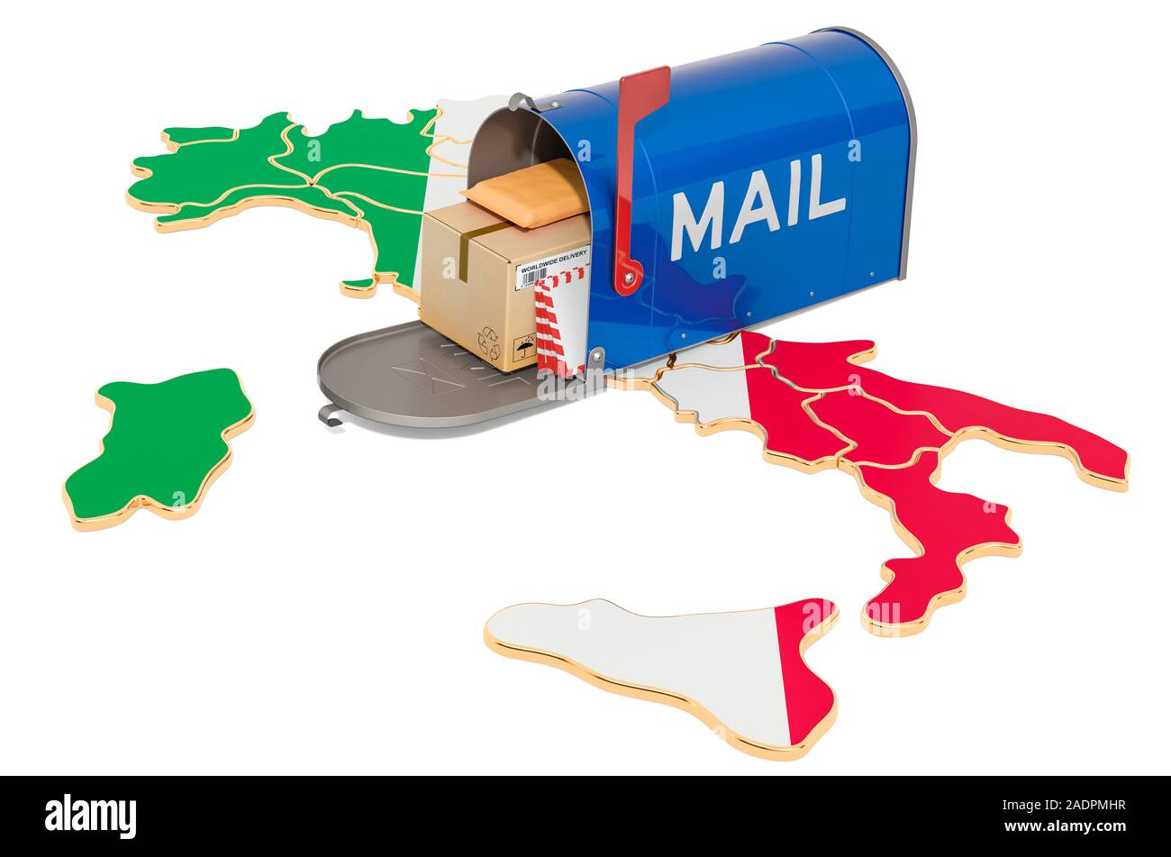 Mailbox auf dem Italienischen Karte. Versand in Italien, Konzept. 3D-Rendering auf weißem Hintergrund Stockfoto