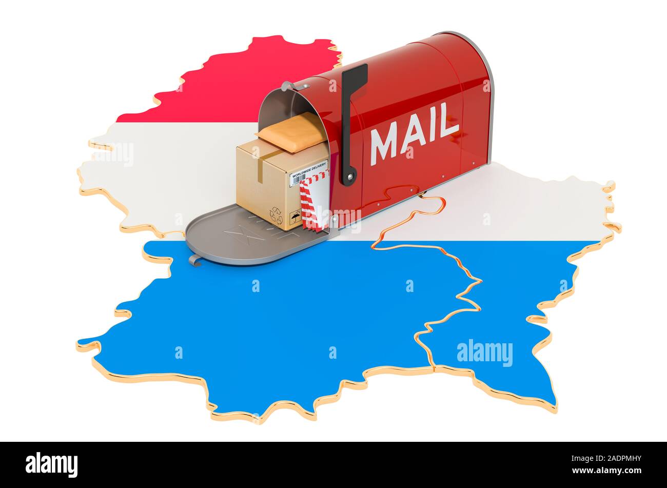 Mailbox auf dem LUXEMBURGISCH-Karte. Versand in Luxemburg, Konzept. 3D-Rendering auf weißem Hintergrund Stockfoto