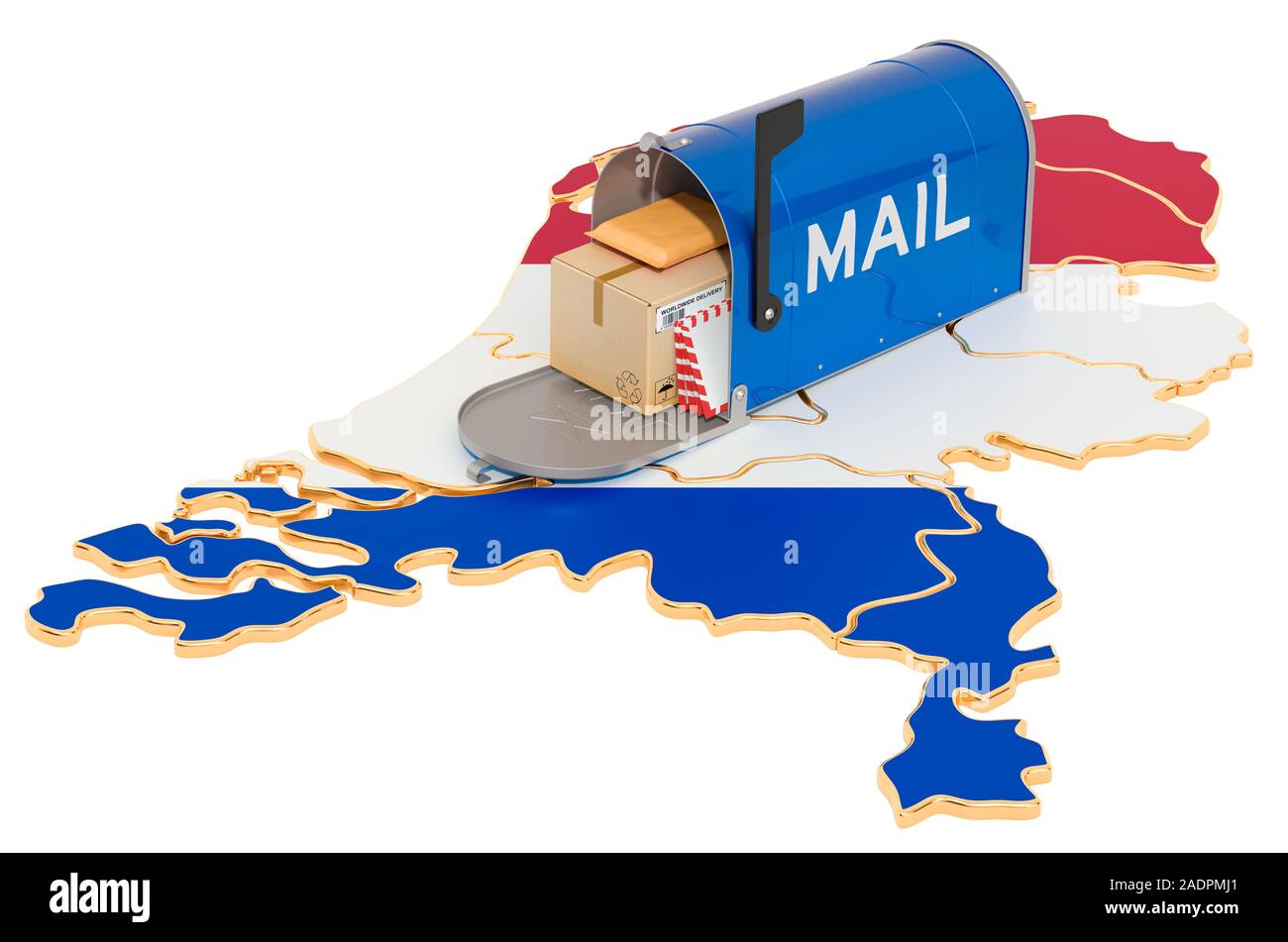 Mailbox auf die Niederlande Karte. Versand in Holland, Konzept. 3D-Rendering auf weißem Hintergrund Stockfoto