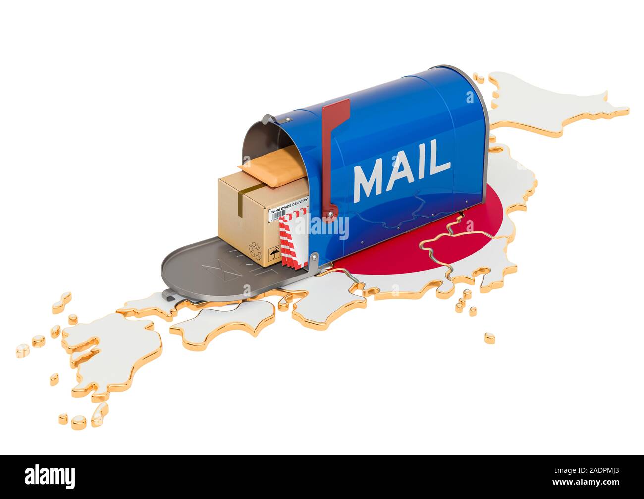 Mailbox auf der japanischen Karte. Versand in Japan, Konzept. 3D-Rendering auf weißem Hintergrund Stockfoto