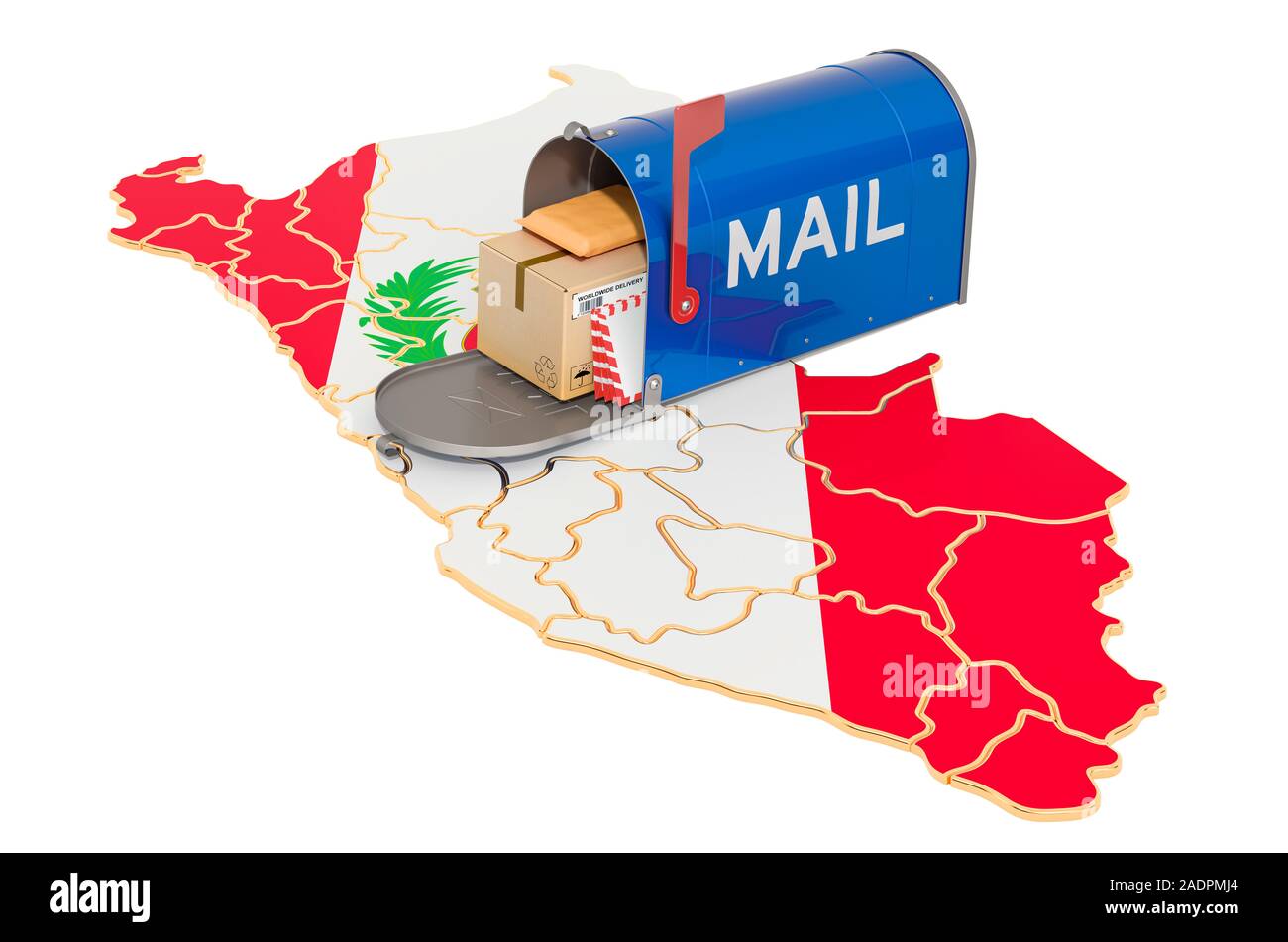 Mailbox auf dem Peruanischen Karte. Versand in Peru, Konzept. 3D-Rendering auf weißem Hintergrund Stockfoto