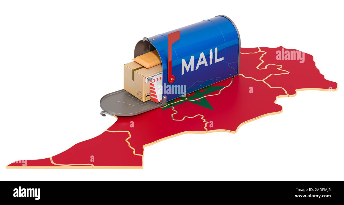 Mailbox auf der marokkanischen Karte. Versand in Marokko, Konzept. 3D-Rendering auf weißem Hintergrund Stockfoto