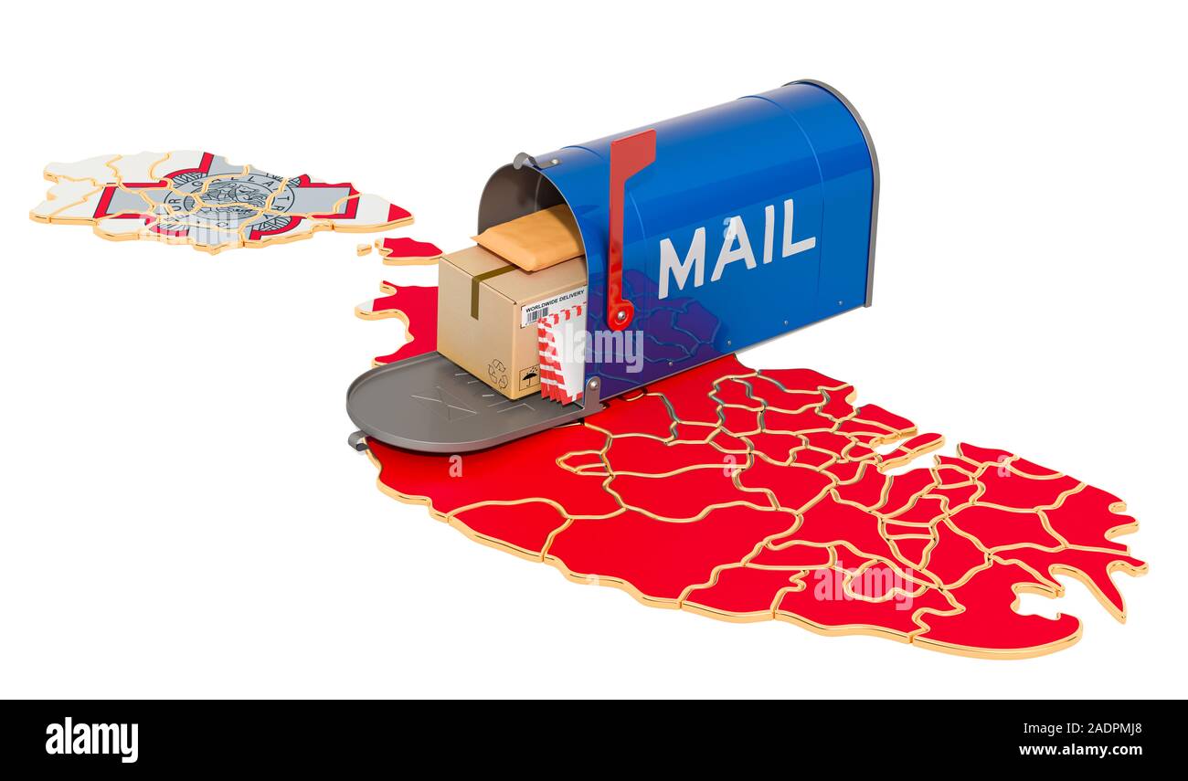 Mailbox auf den Maltesischen Karte. Versand in Malta, Konzept. 3D-Rendering auf weißem Hintergrund Stockfoto