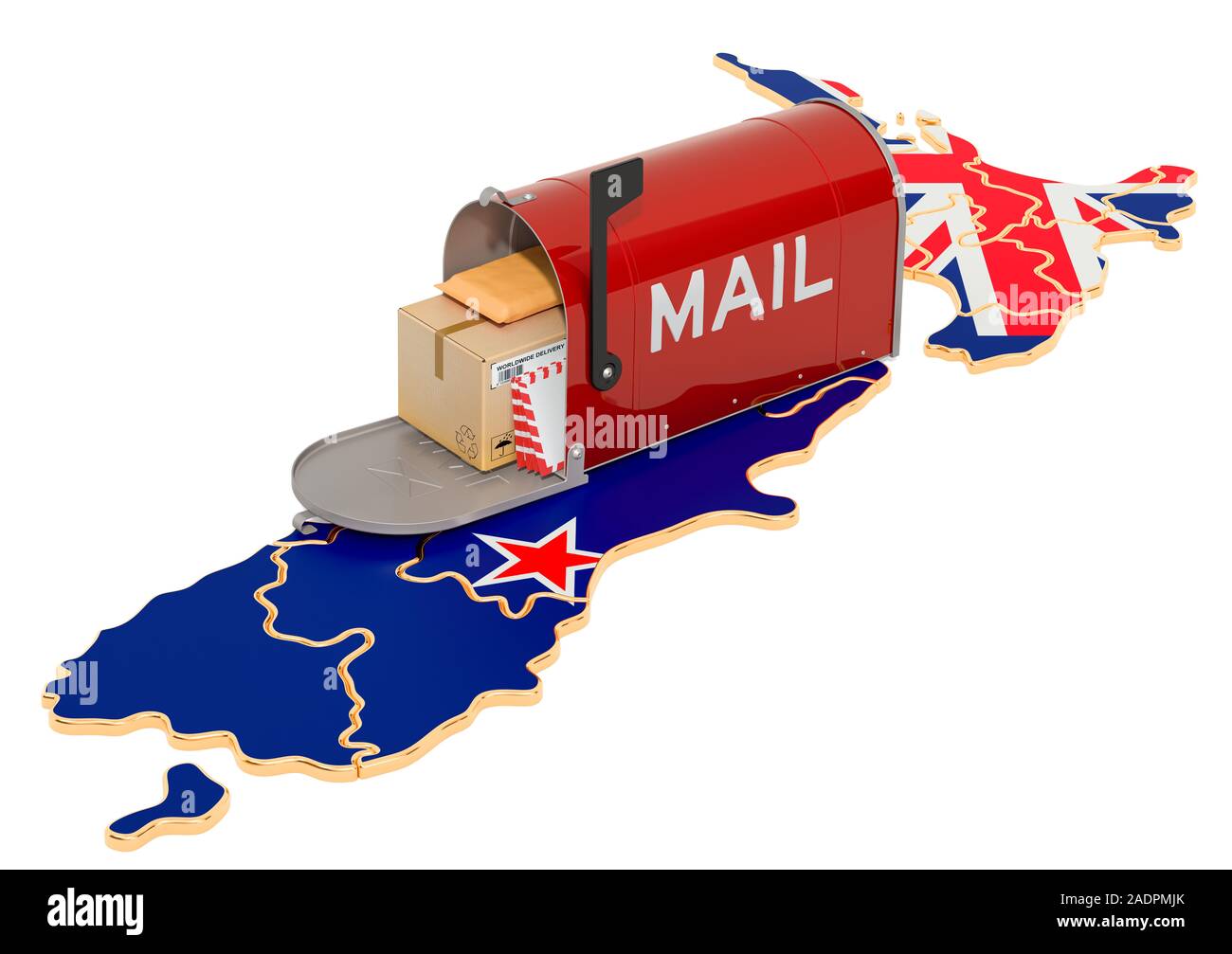 Mailbox auf dem Neuseeland Karte. Die Schifffahrt in Neuseeland, Konzept. 3D-Rendering auf weißem Hintergrund Stockfoto