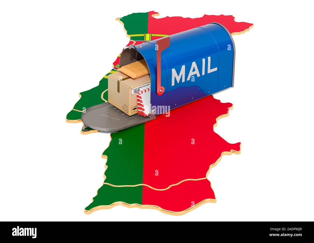 Mailbox auf dem portugiesischen Karte. Versand in Portugal, Konzept. 3D-Rendering auf weißem Hintergrund Stockfoto