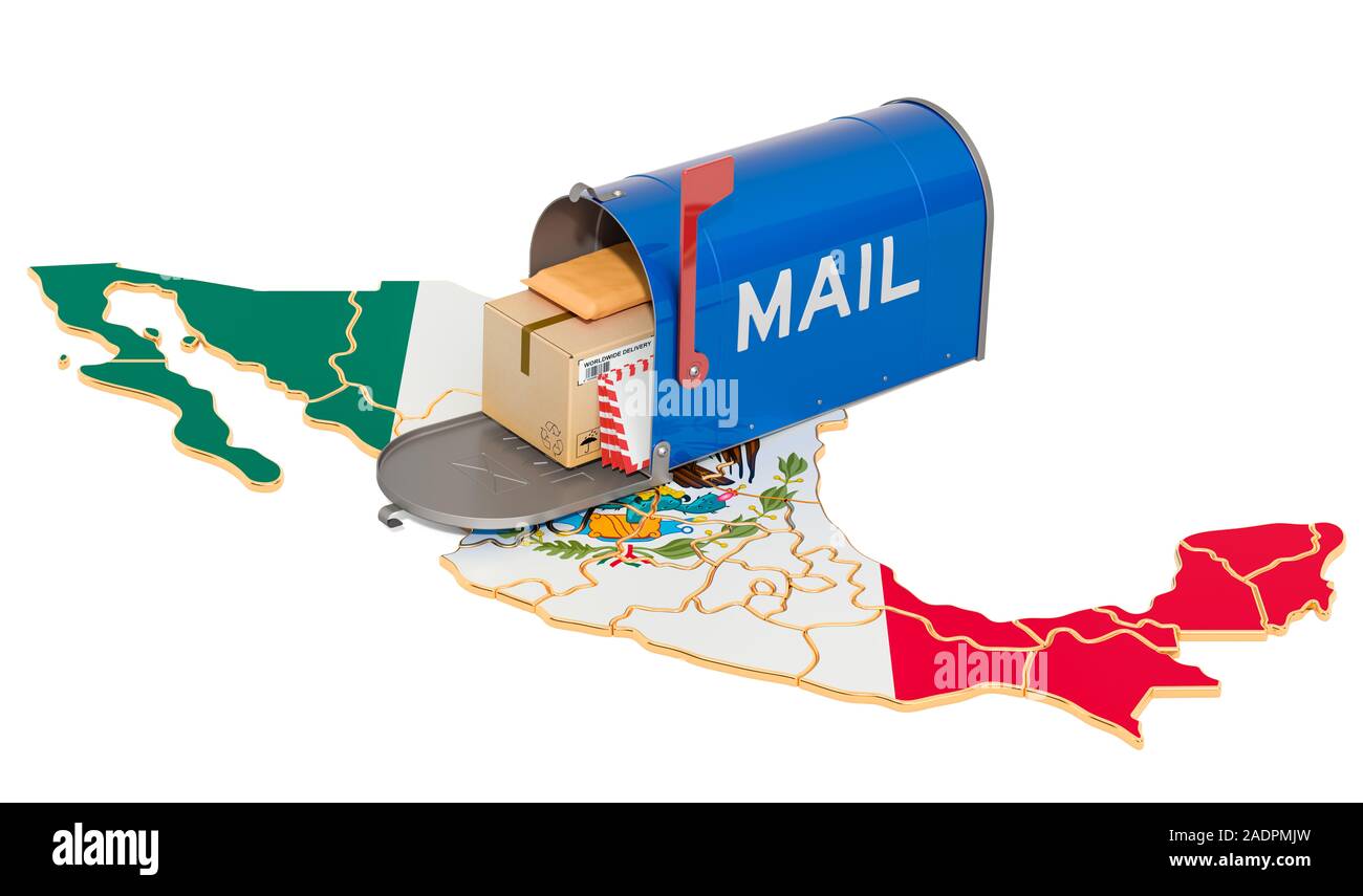 Mailbox auf dem mexikanischen Karte. Versand in Mexiko, Konzept. 3D-Rendering auf weißem Hintergrund Stockfoto