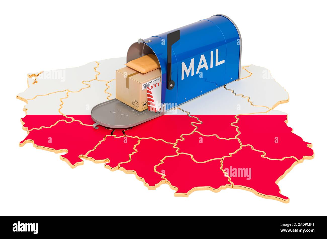 Mailbox auf der polnischen Landkarte. Versand in Polen, Konzept. 3D-Rendering auf weißem Hintergrund Stockfoto