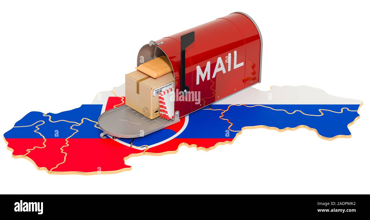 Mailbox auf dem Slowakischen Karte. Versand in der Slowakei, Konzept. 3D-Rendering auf weißem Hintergrund Stockfoto