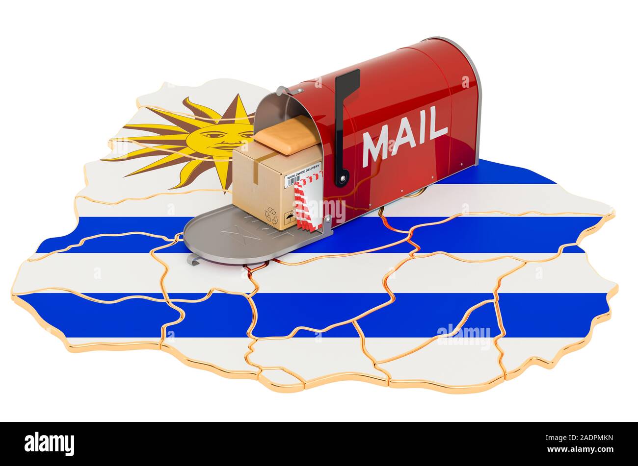Mailbox auf der Uruguayischen Karte. Versand in Uruguay, Konzept. 3D-Rendering auf weißem Hintergrund Stockfoto
