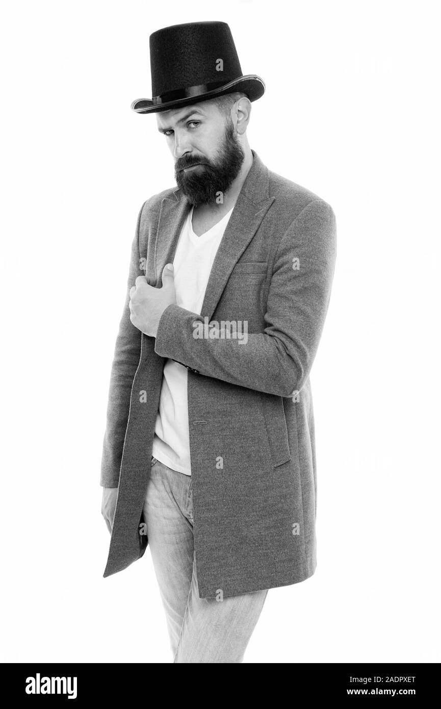 Mode so einzigartig wie Sie. Fashion Model. Der bärtige Mann, der klassischen Modeaccessoire. Hipster mit Bart und Schnurrbart in lässigem Outfit mit Retro Mode tophat. Stockfoto