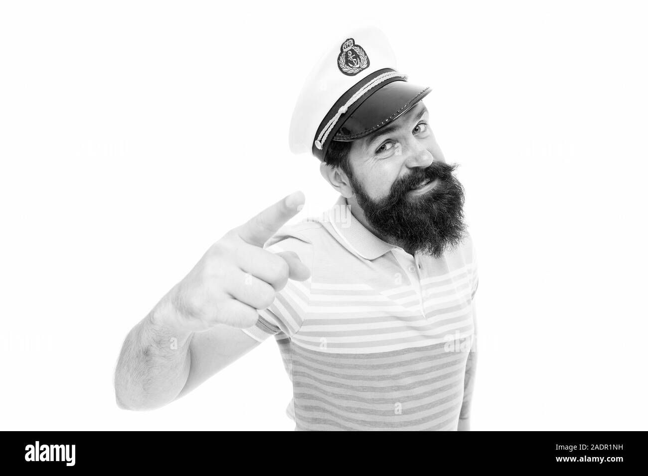 Sailor Geist frei. Bärtige sailor auf der weißen isoliert. Sailor oder Seemann punkt Finger. Arbeit als Matrose. Professionelle mariner. Navy und Marine. Segeln. Das Abenteuer beginnt. Stockfoto