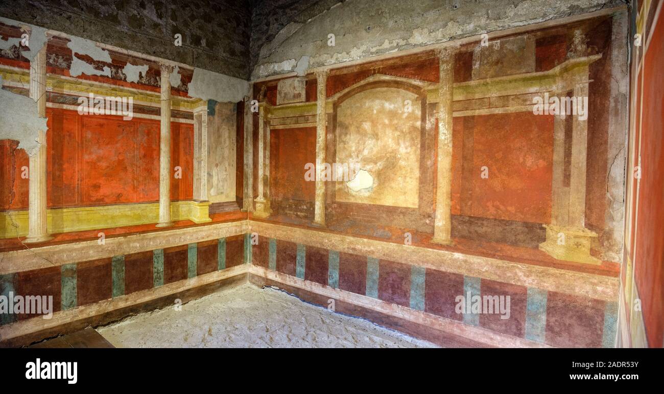 Römischen Fresko/Fresken, Nord-östlichen Ecke der unteren cubiculum mit architektonischen Dekoration im Haus des Augustus, Domus Augusti, Palatin. Stockfoto