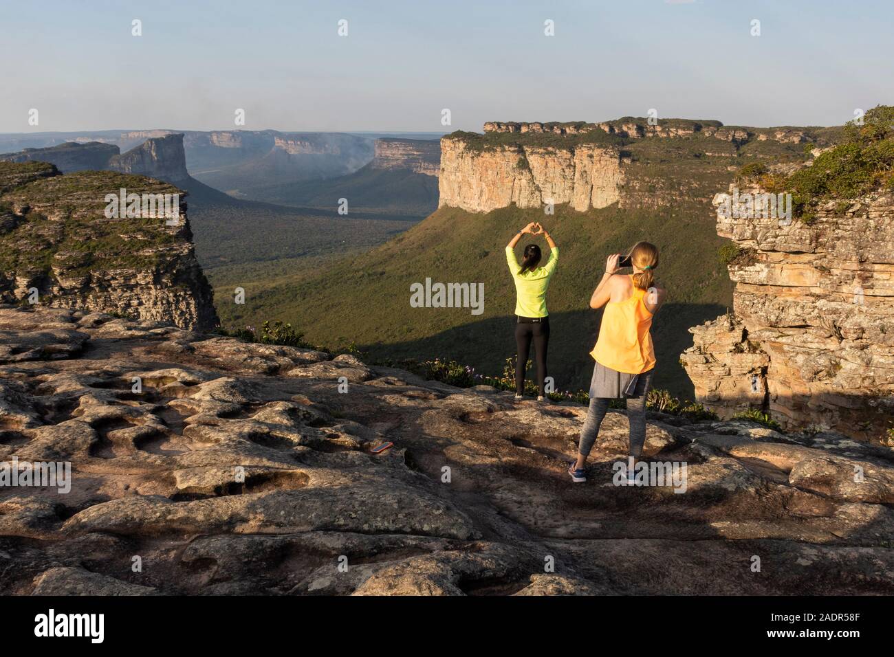 Wunderschöne Aussicht auf felsigen Bergen auf der flachen Oberseite grün cerrado Landschaft, Chapada Diamantina, Bahia, Brasilien Stockfoto