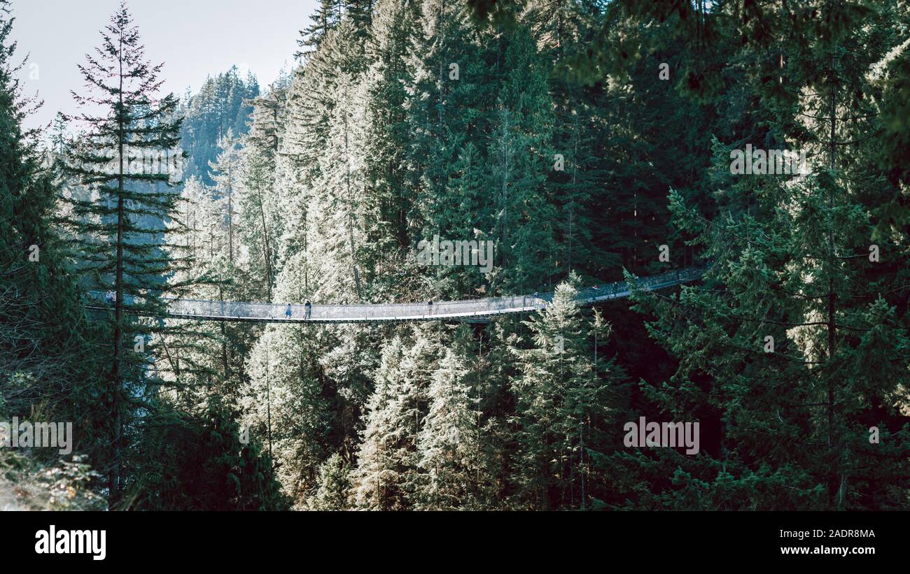 Vancouver, British Columbia - 28.November, 2019: Blick von der Capilano Suspension Bridge Park in North Vancouver in der Wintersaison Stockfoto