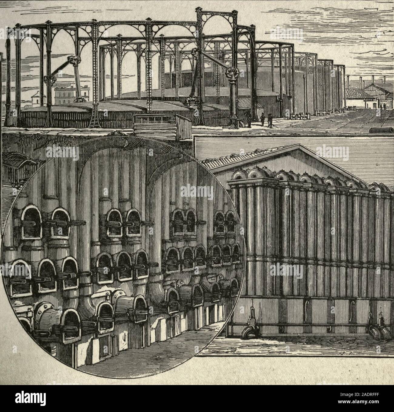 Gasspeicher, Retorten, und Kondensatoren, circa 1884. Stockfoto