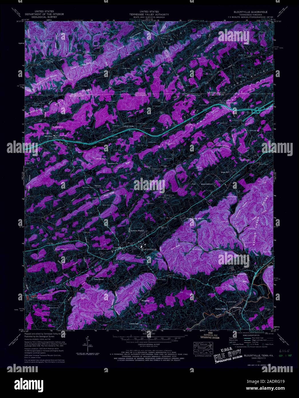 USGS TOPO Karte Tennessee TN Blountville 149434 1959 24000 invertiert Wiederherstellung Stockfoto