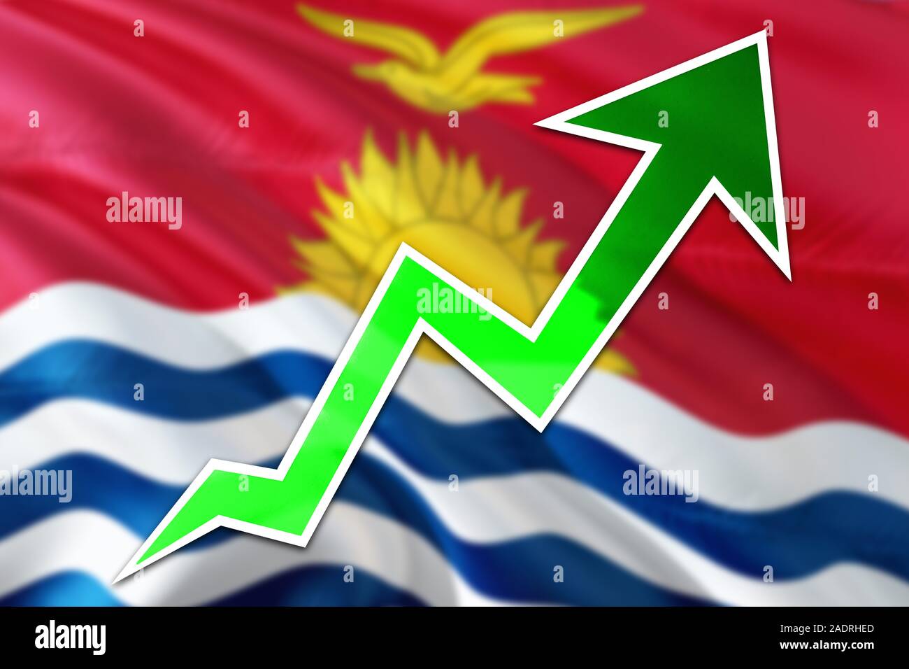 Kiribati wirtschaft Graph zeigt positives Wachstum, grünen Pfeil oben geht mit Trendlinie. Business Konzept auf nationaler Hintergrund. Stockfoto