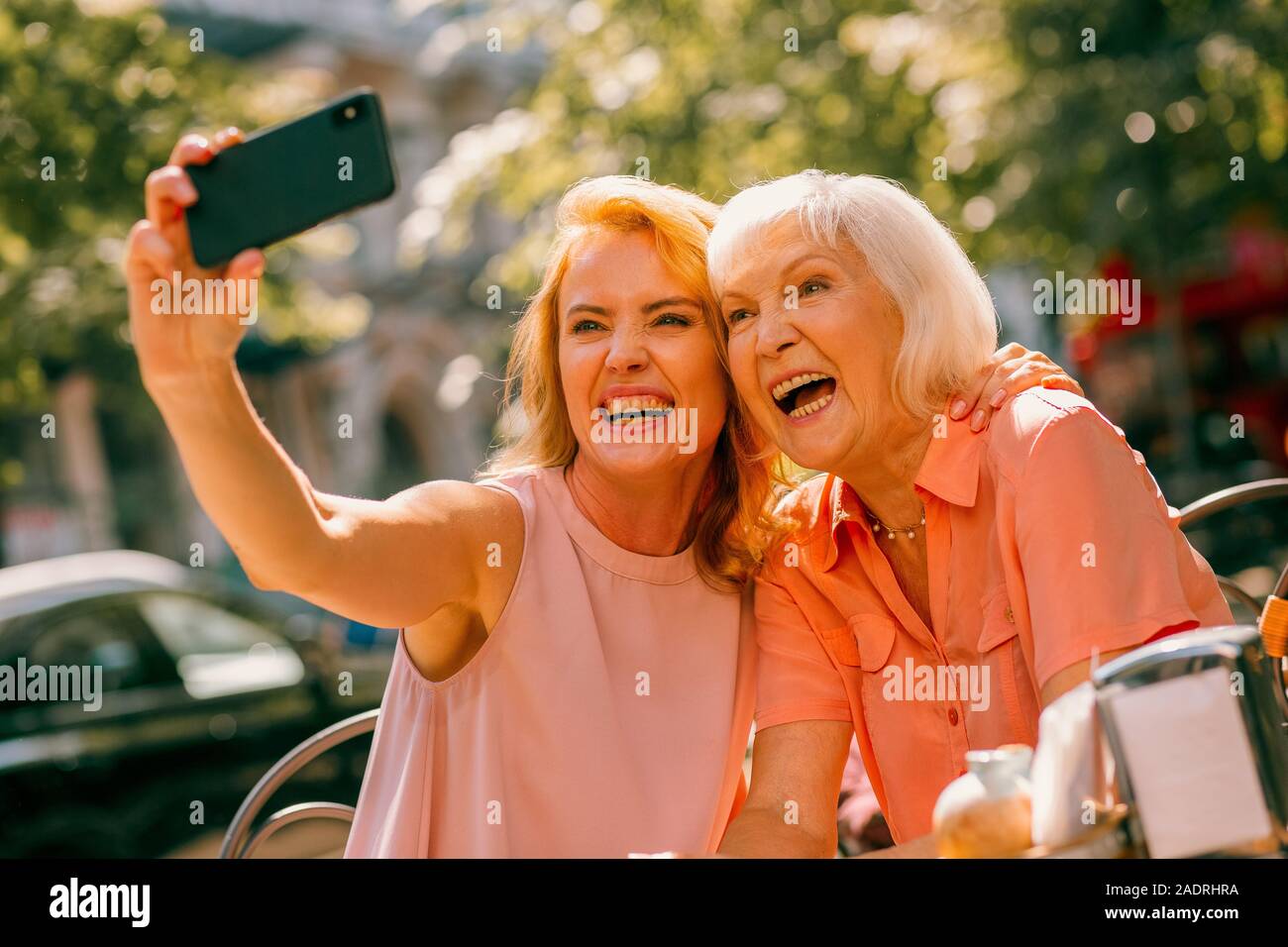 Lachen und lustig selfies Foto Stockfoto