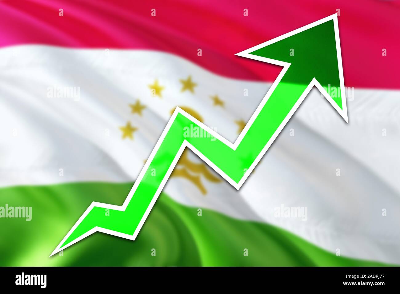 Tadschikistan wirtschaft Graph zeigt positives Wachstum, grünen Pfeil oben geht mit Trendlinie. Business Konzept auf nationaler Hintergrund. Stockfoto