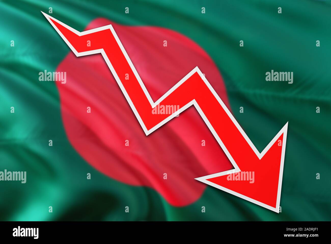 Bangladesch wirtschaft Grafik zeigt ein negatives Wachstum, roter Pfeil unten gehen mit Trendlinie. Business Konzept auf nationaler Hintergrund. Stockfoto