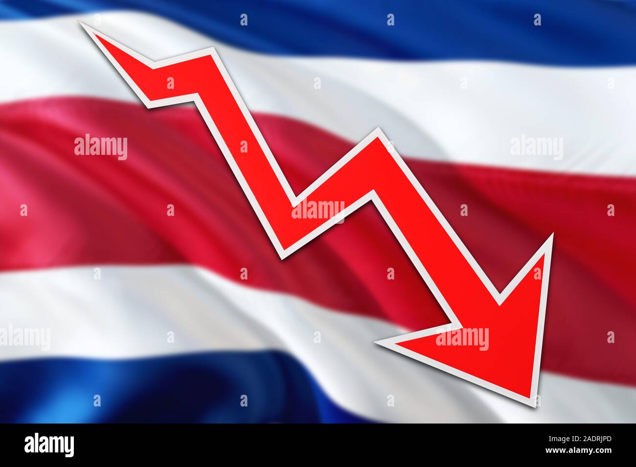 Côte d'Ivoire wirtschaft Grafik zeigt ein negatives Wachstum, roter Pfeil unten gehen mit Trendlinie. Business Konzept auf nationaler Hintergrund. Stockfoto