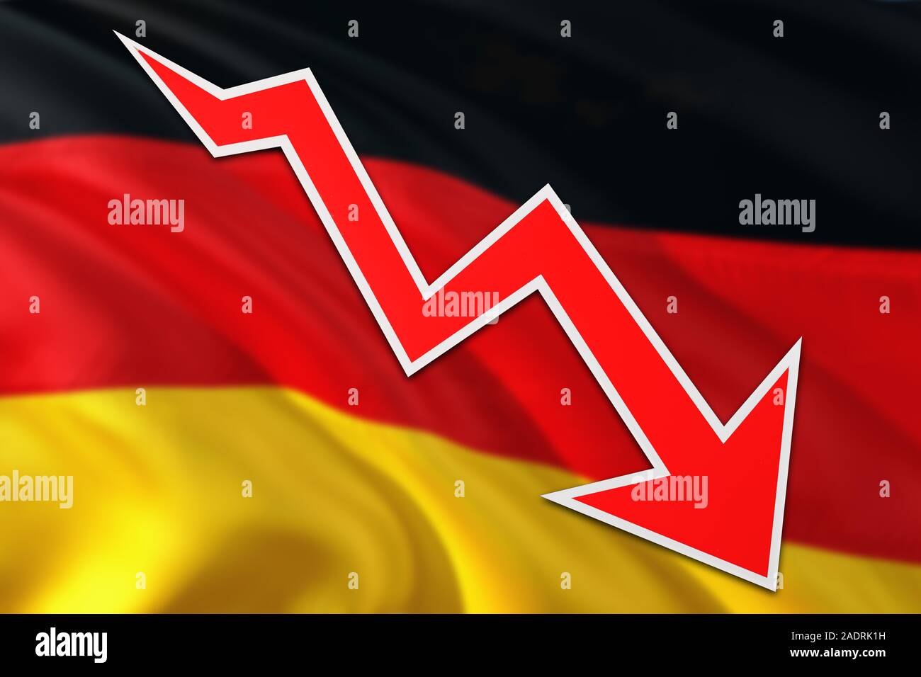 Deutschland Wirtschaft Grafik zeigt ein negatives Wachstum, roter Pfeil unten gehen mit Trendlinie. Business Konzept auf nationaler Hintergrund. Stockfoto