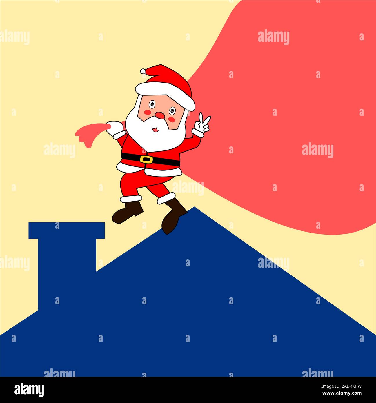 Santa Claus mit einem Geschenk Beutel in den Schornstein ging auf blauem Dach, Karikatur und Grafik Design mit dem Konzept von Weihnachten und Neues Jahr Feier Stock Vektor