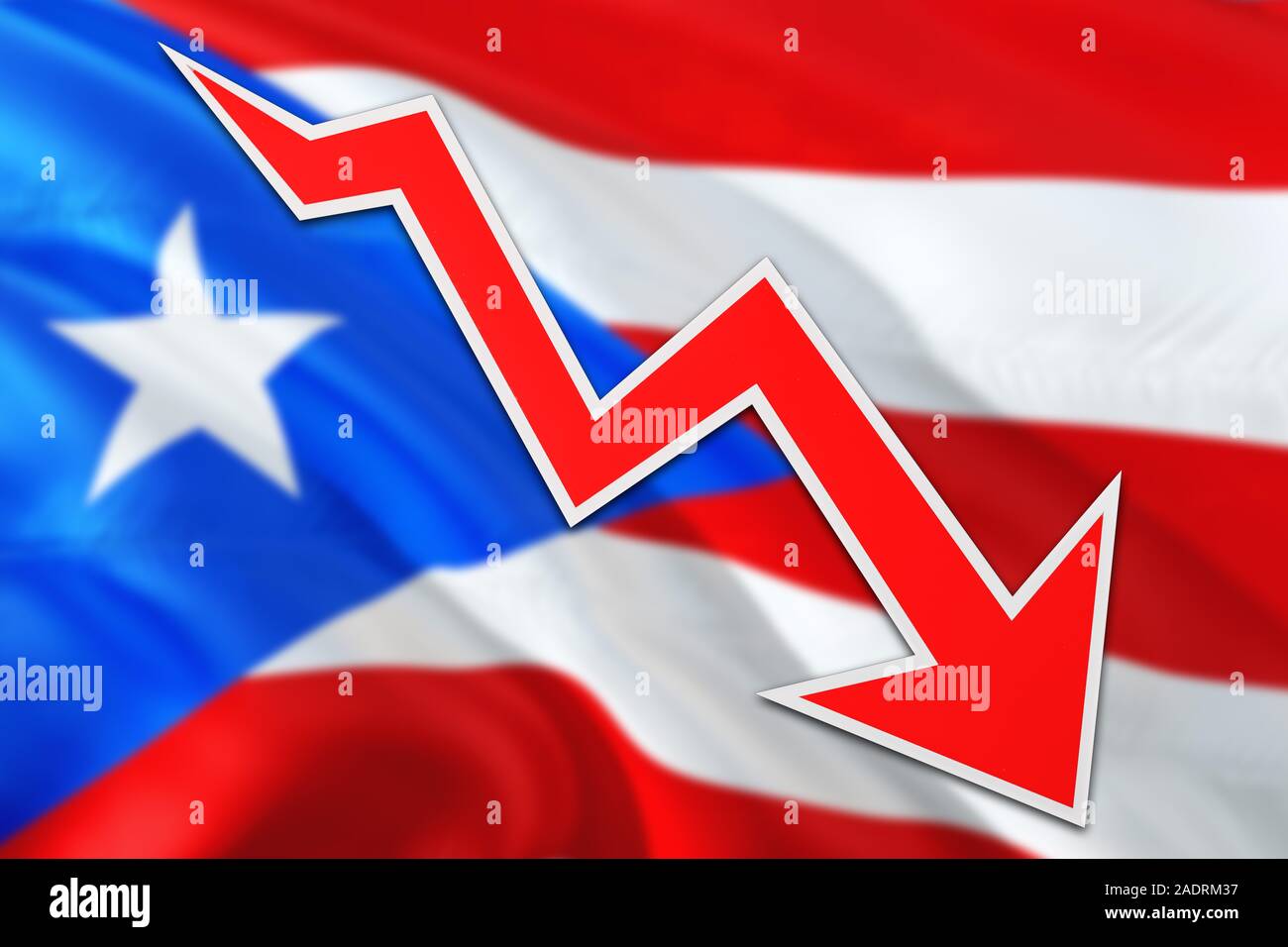 Puerto Rico wirtschaft Grafik zeigt ein negatives Wachstum, roter Pfeil unten gehen mit Trendlinie. Business Konzept auf nationaler Hintergrund. Stockfoto