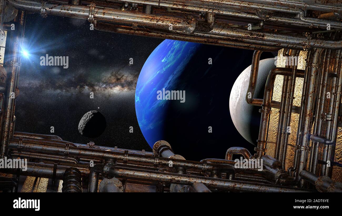 Blick auf dem Planeten Neptun mit Monden durch ein Raumschiff Fenster Stockfoto