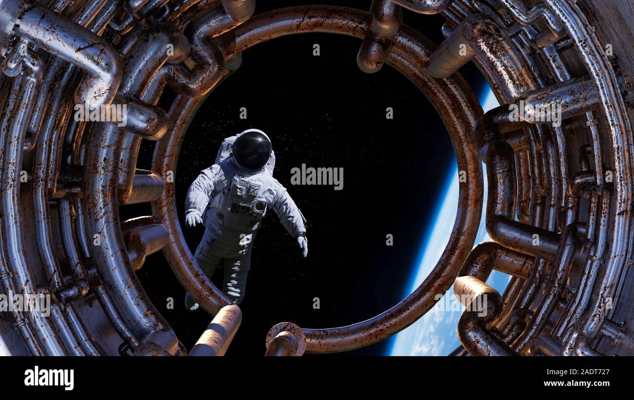 Astronaut hinter einem Raumschiff Fenster Stockfoto