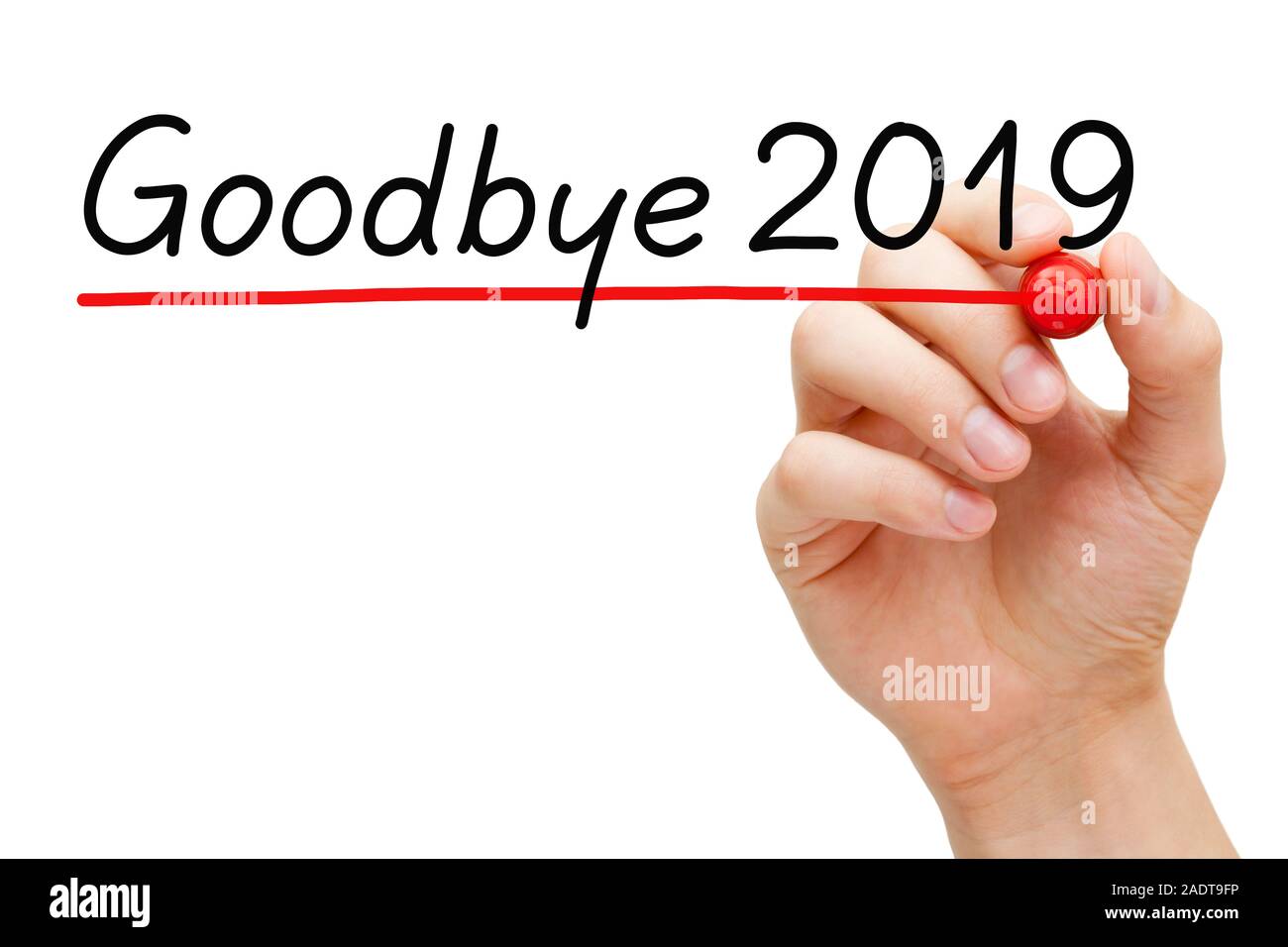 Hand Unterstreichen von Text Auf Wiedersehen 2019 mit roter Markierung auf weißem Hintergrund. Stockfoto
