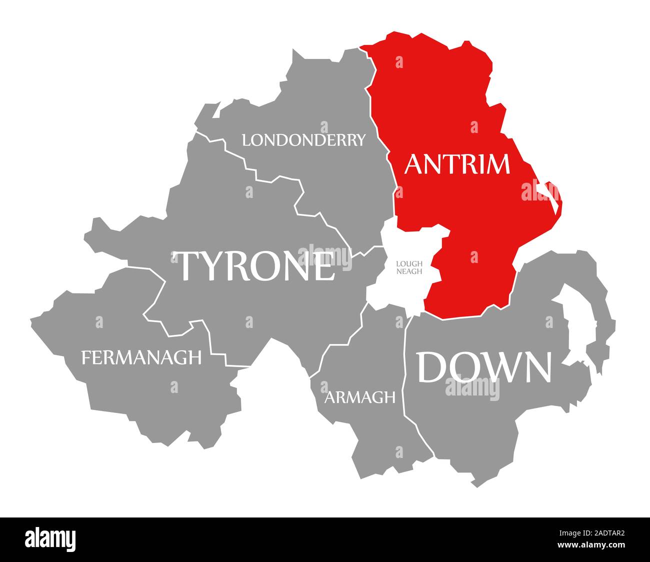 Antrim in Rot hervorgehoben Karte von Nordirland Stockfoto