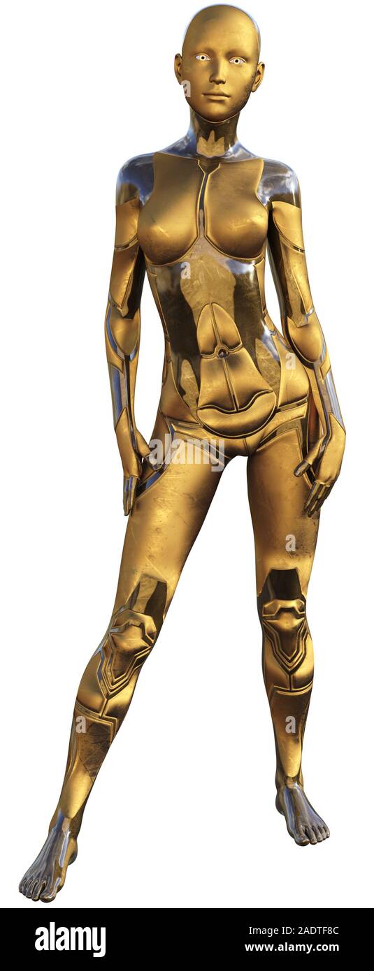Golden metallische Android weiblichen Futuristische künstliche Intelligenz 3D-Darstellung verwendet Stockfoto